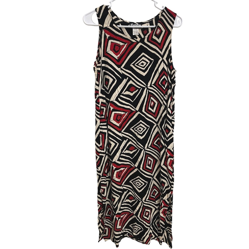 Vintage 90s Caribou Geometric Abstract Artsy Midi Dress Black Red Sleeveless M